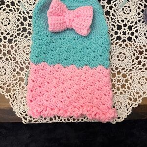 Pink and Blue Crochet dog dress with Bow